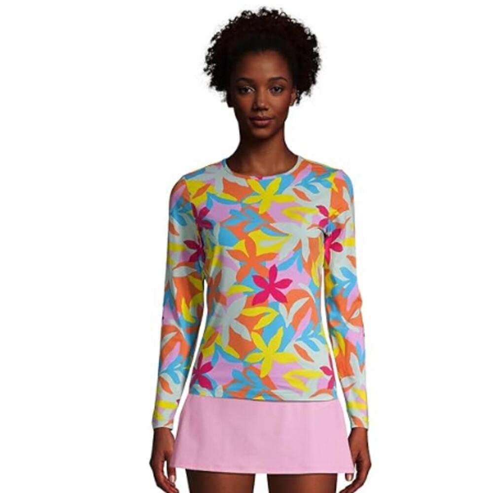 Lands End Womens Colorful Print Rash Guard Swim Top Plus Size 1X